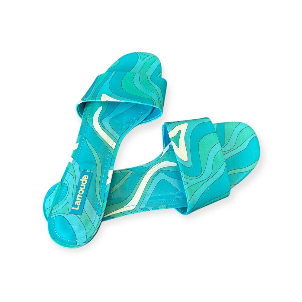 LARROUDE Sandals Turquoise Blue Ivy Flat Mule Patent Leather Wave Aqua 8.5